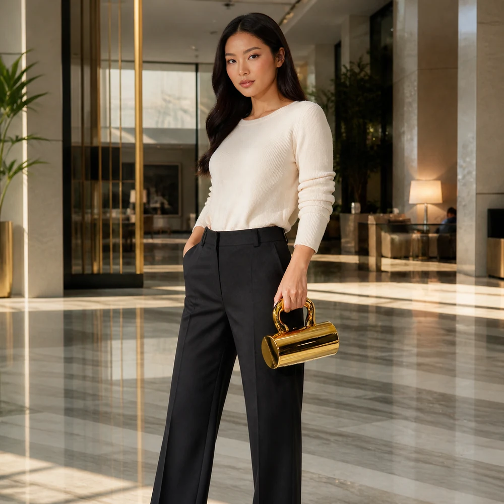 Model carrying a gold-tone evening handbag