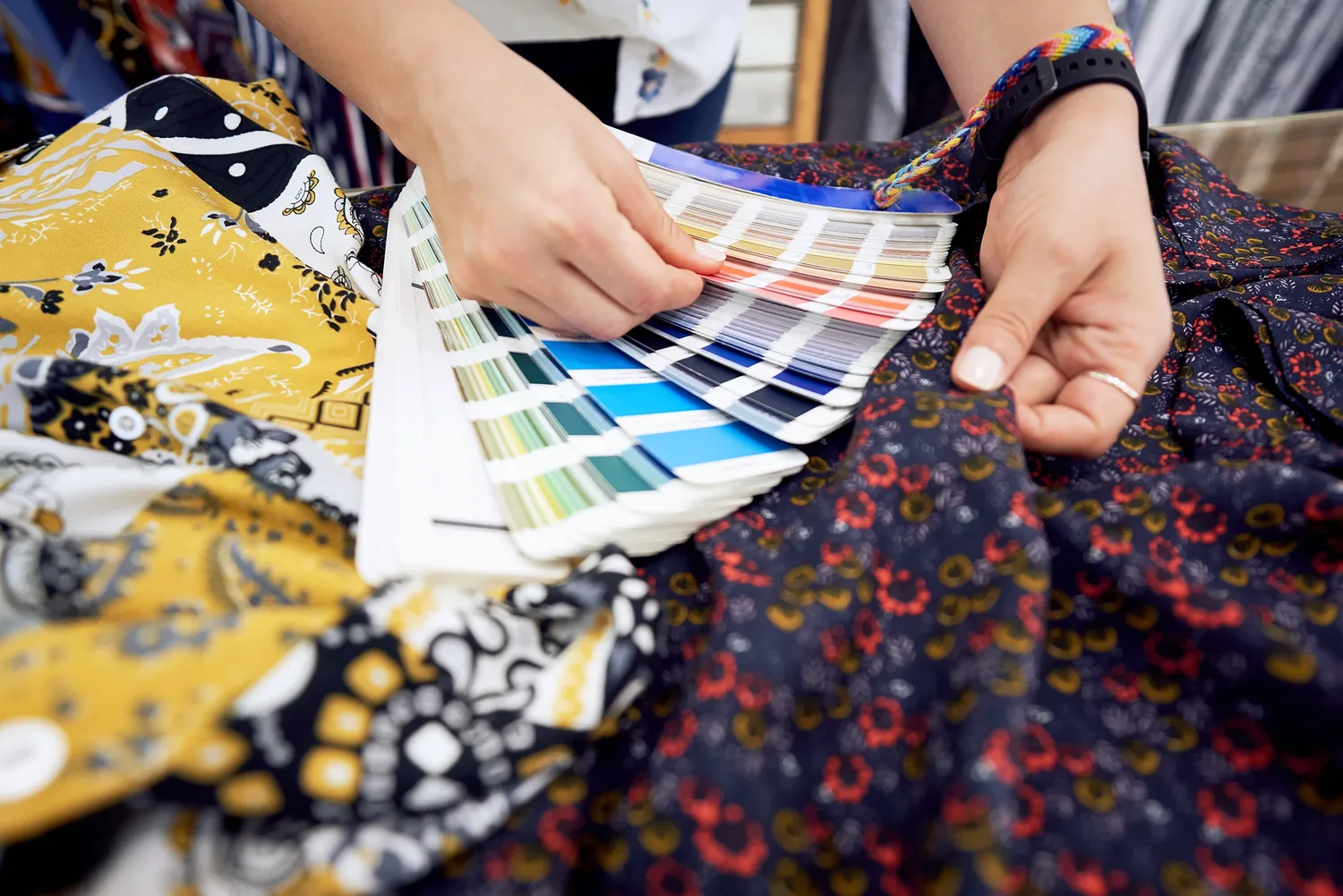 Color swatches compared with a patterned textile