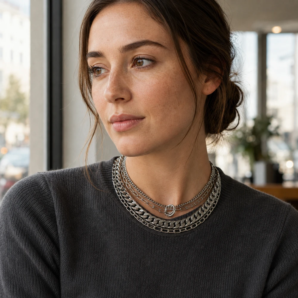 ahead-of-the-game-layered-silver-mixed-chain-necklace-cafe-portrait-02 Wholesale Silver-Tone Layered Mixed-Chain Necklace - main view