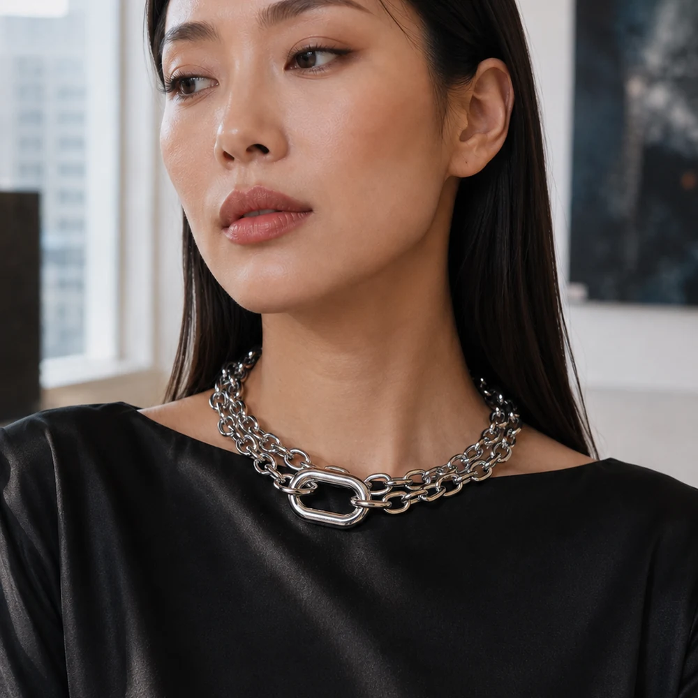 always-authentic-chunky-silver-chain-necklace-model-portrait-02 Silver-Tone Layered Chain Necklace with Oval Center Link