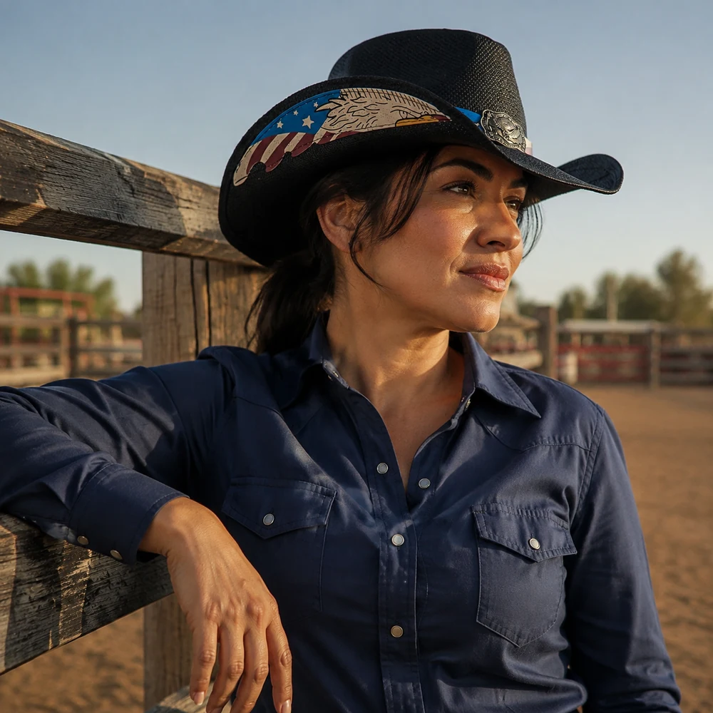 american-babe-black-straw-cowboy-hat-rodeo-lifestyle-01 Wholesale Black Woven Cowboy Hat with Eagle and Flag Detail - main view