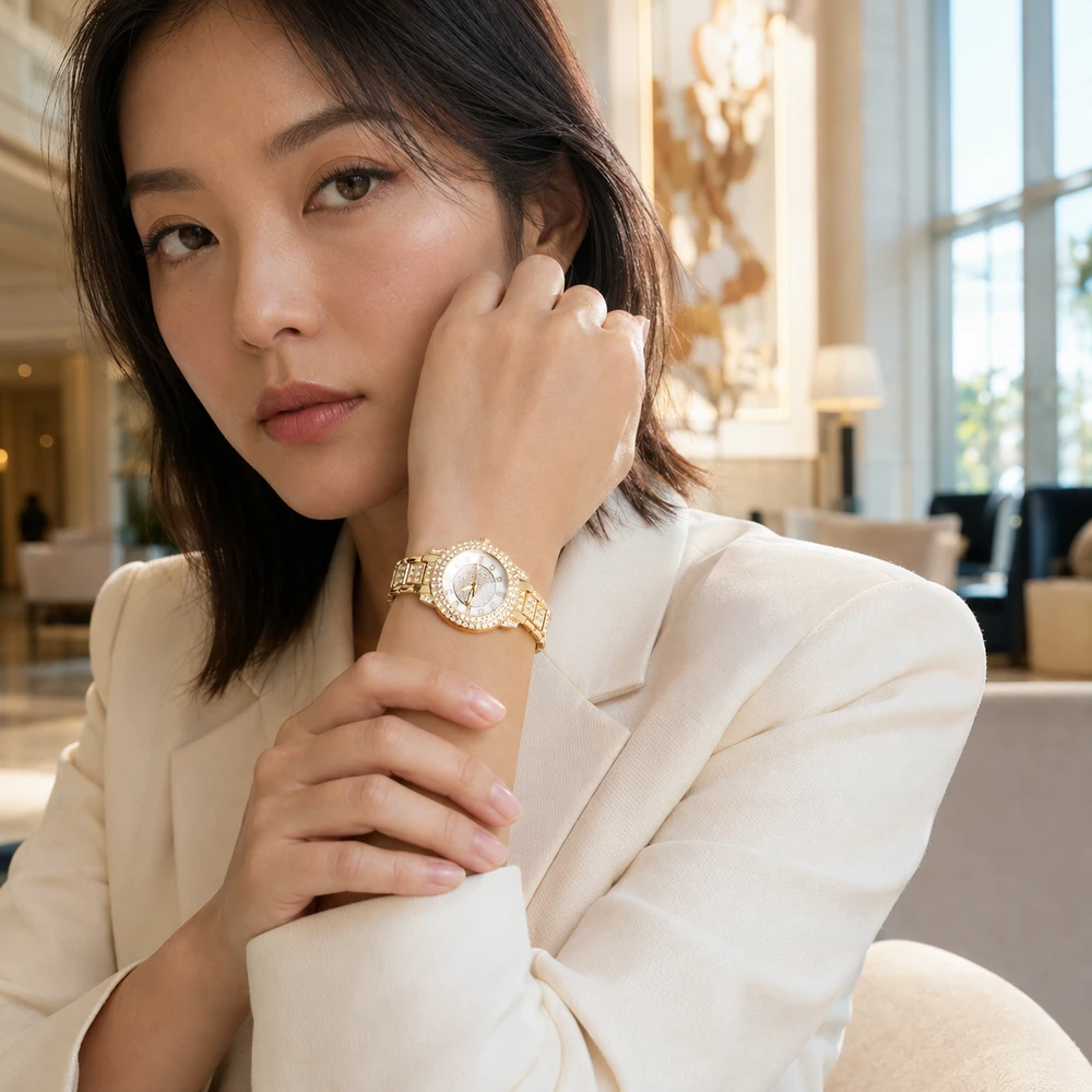 be-there-for-you-gold-rhinestone-round-watch-lounge-portrait-01 Wholesale Gold-Tone Round-Dial Watch with Rhinestone Detail - main view