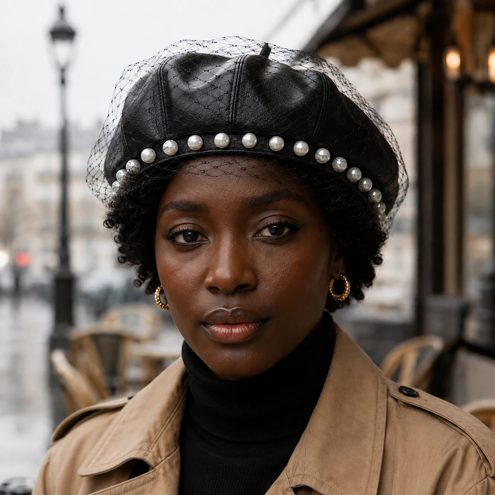 Black veiled beret with pearl-look trim — model view Model wearing a black veiled beret with pearl-look trim