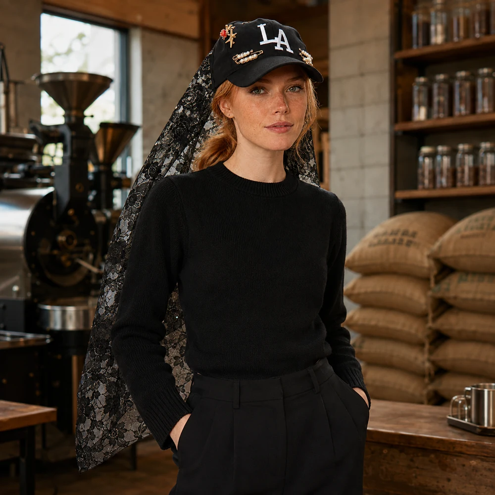 beauty-of-the-city-black-la-embellished-baseball-hat-front-02 Black baseball hat with floral lace veil and charms, full model view
