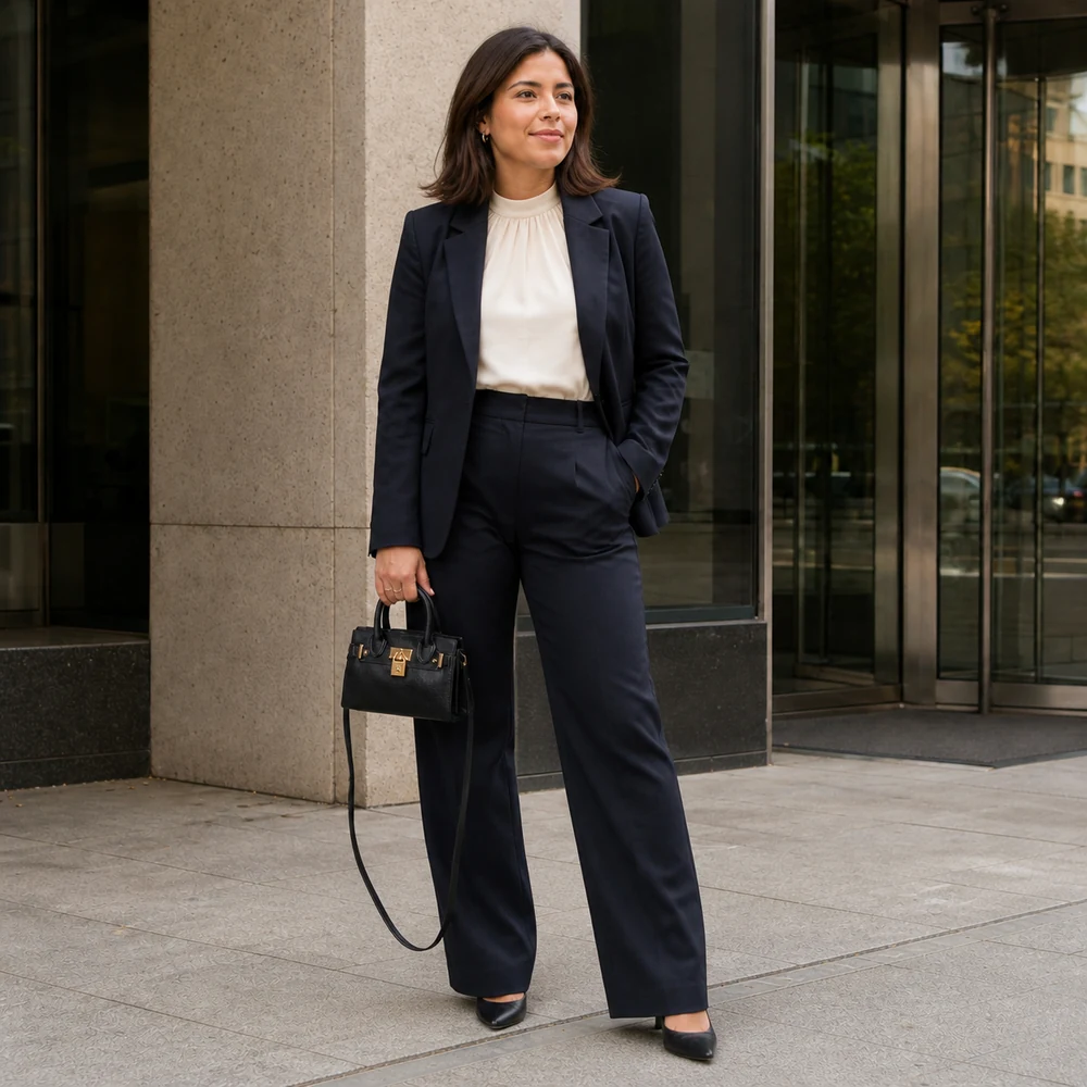 business-meetings-black-faux-leather-mini-satchel-model-02 Black faux leather lock detail mini satchel carried with a navy suit