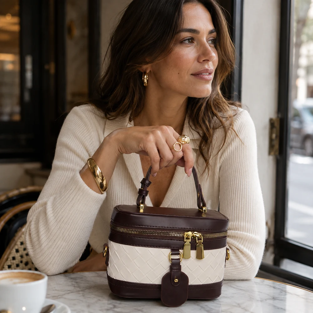club-brunch-brown-woven-vanity-crossbody-bag-cafe-01 Wholesale Brown and Cream Vanity-Style Crossbody Bag - main view