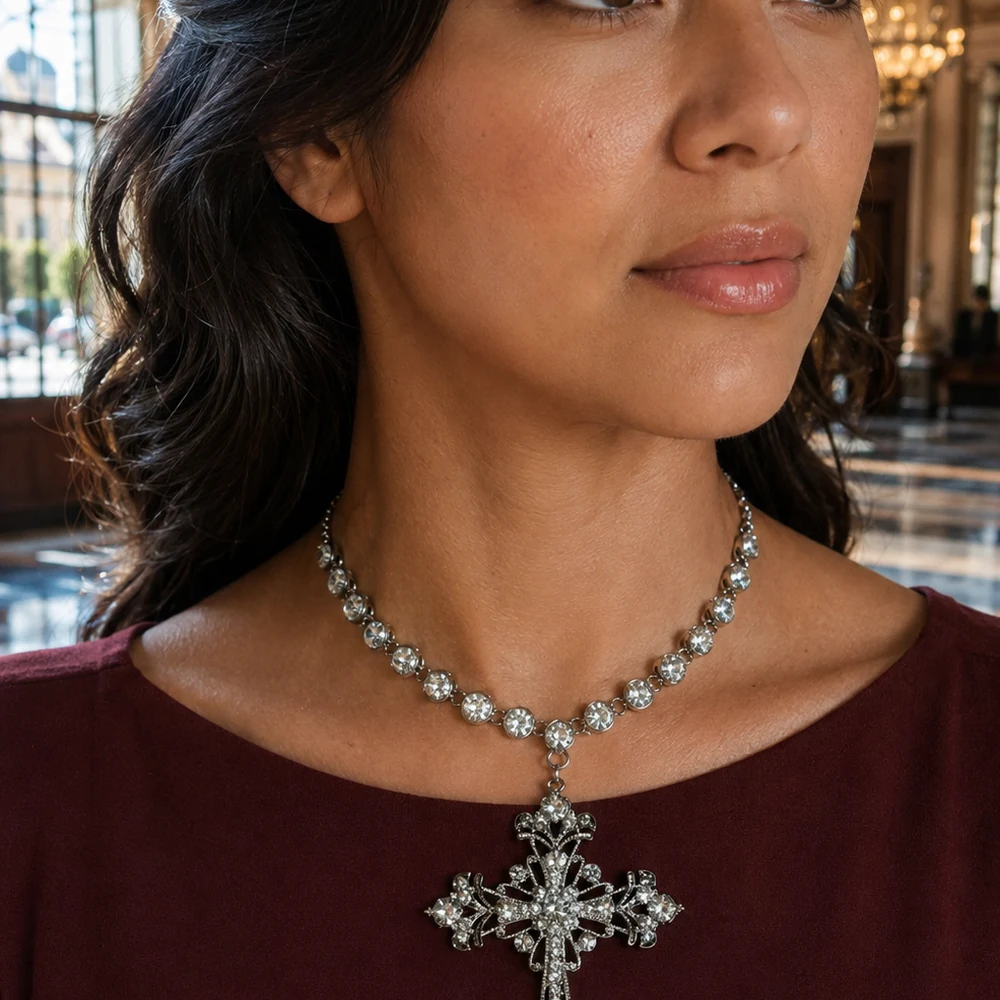 crossed-my-path-silver-rhinestone-cross-necklace-hotel-portrait-01 Silver-tone oversized rhinestone cross necklace worn with a burgundy top