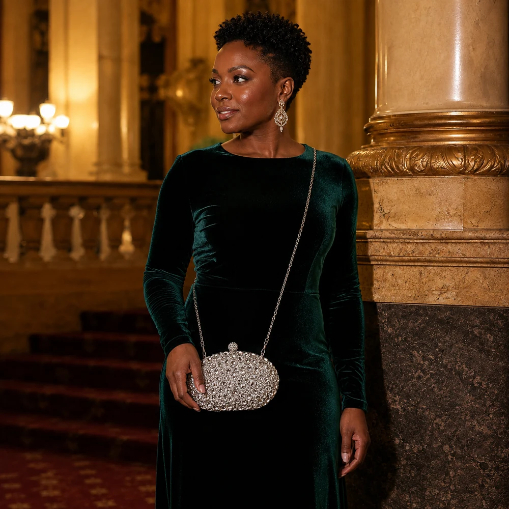 cut-gems-silver-rhinestone-evening-clutch-crossbody-05 Silver-tone mixed rhinestone evening clutch worn with a dark green dress