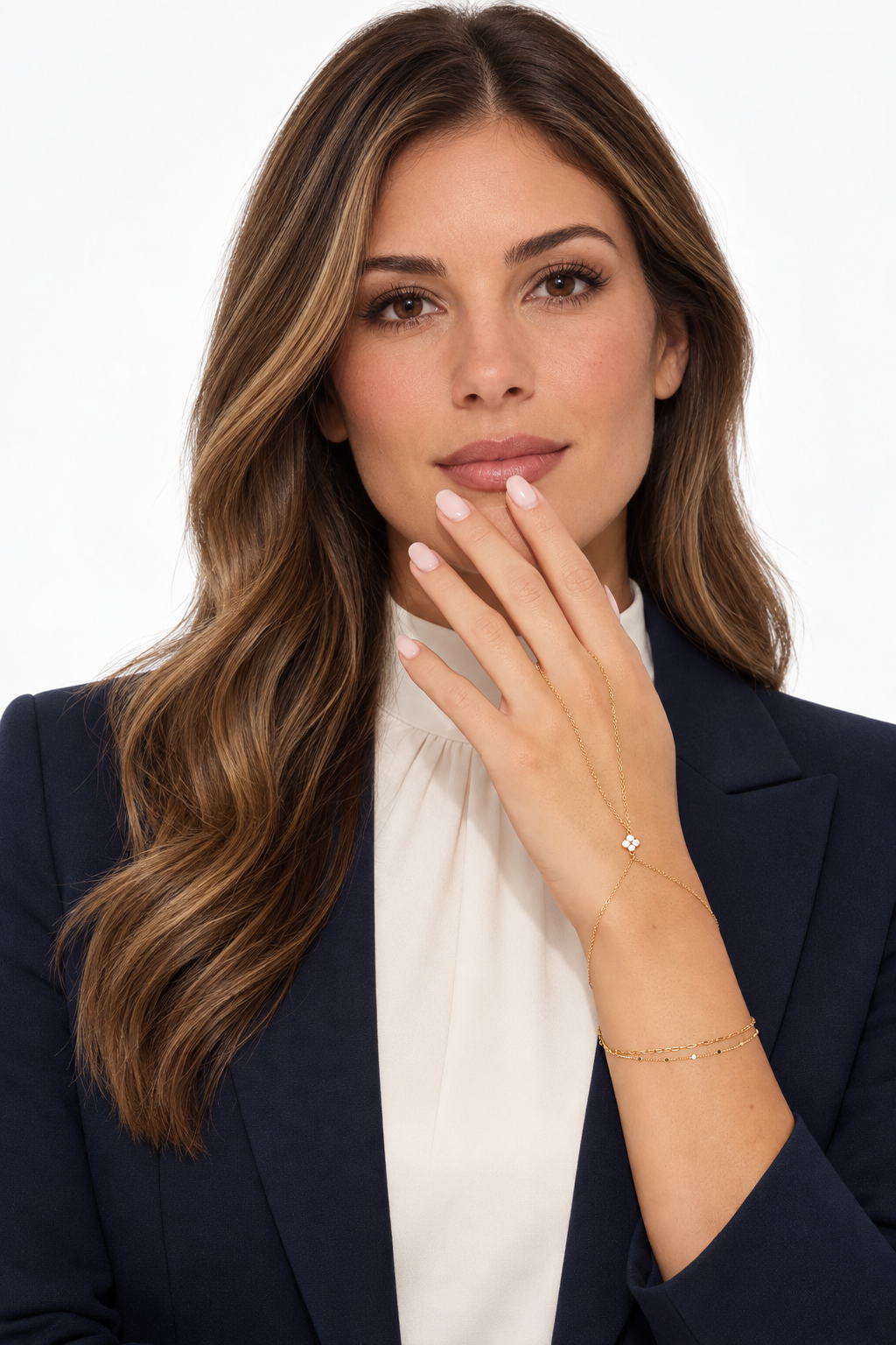 days-of-life-gold-rhinestone-hand-chain-model-v2-01 Gold-tone rhinestone hand chain worn by model with complete head visible