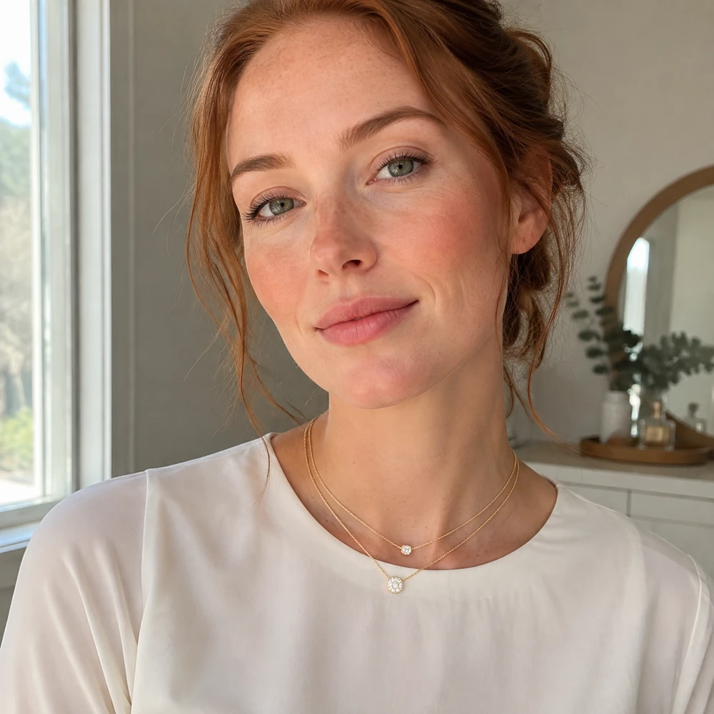 dianna-dainty-layered-gold-crystal-necklace-morning-lifestyle-01 Dainty double-layer gold-tone rhinestone pendant necklace worn with a light blouse