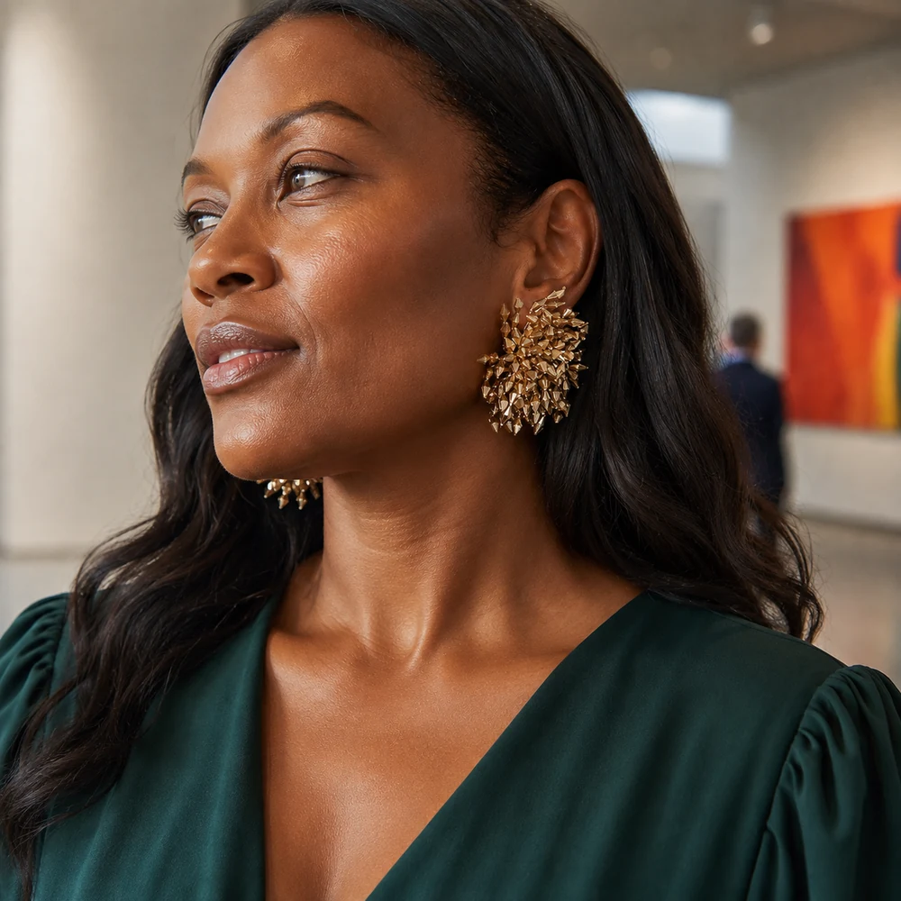 feel-the-rush-oversized-gold-beaded-cluster-earrings-model-portrait-02 Gold-tone faceted bead cluster drop earrings worn with a green blouse