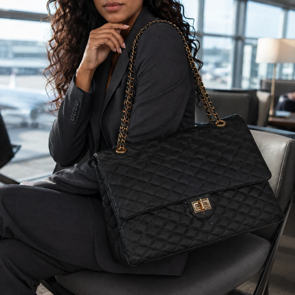 girl-carry-on-black-quilted-shoulder-bag-airport-01 Wholesale Black Oversized Quilted Shoulder Bag - main view