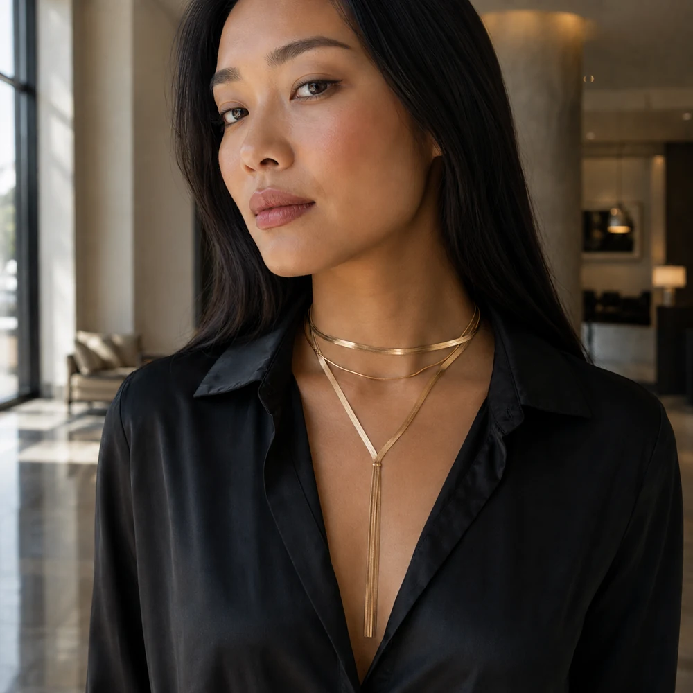 gold-layered-herringbone-lariat-necklace-model-portrait-02 Gold-tone layered herringbone lariat necklace worn with an open black shirt