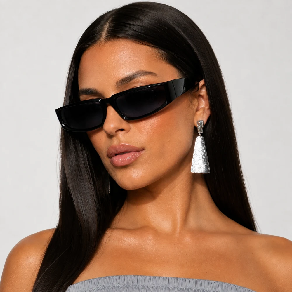 got-you-wrapped-around-black-wraparound-sunglasses-angle-02 Black narrow wraparound sunglasses shown in a complete model portrait