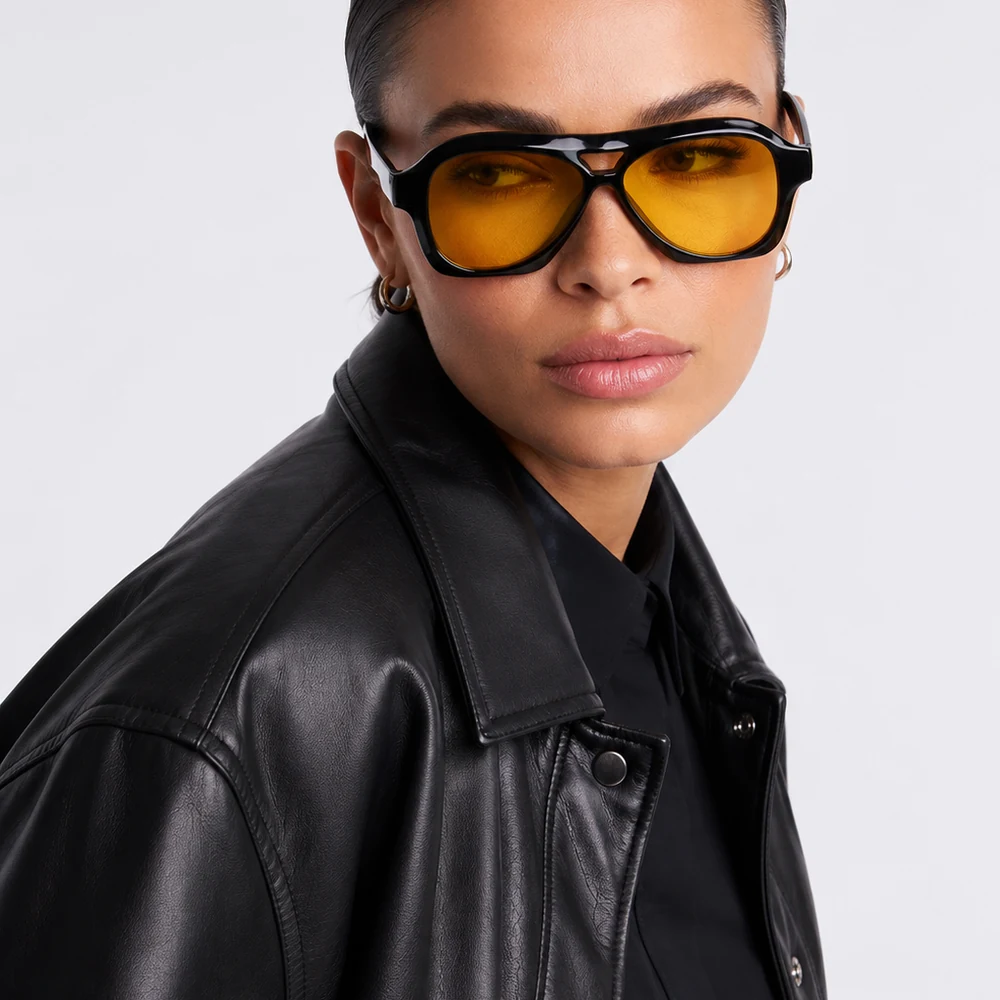 just-cruising-black-yellow-aviator-sunglasses-worn-01 Wholesale Black Aviator Sunglasses with Yellow Lenses - main view