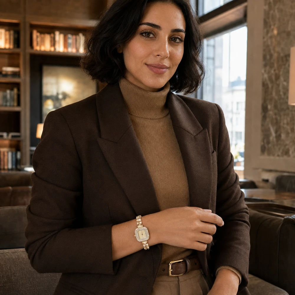 ladylike-gold-champagne-crystal-adjustable-watch-lifestyle-02 Gold-tone adjustable champagne-dial rhinestone watch worn with a brown blazer