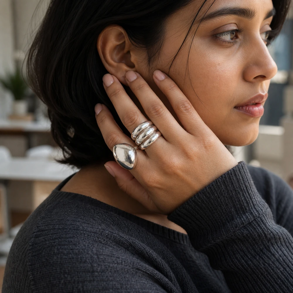 mia-3-piece-silver-sculptural-ring-set-lifestyle-detail-01 Wholesale Silver-Tone Three-Piece Sculptural Ring Set - main view