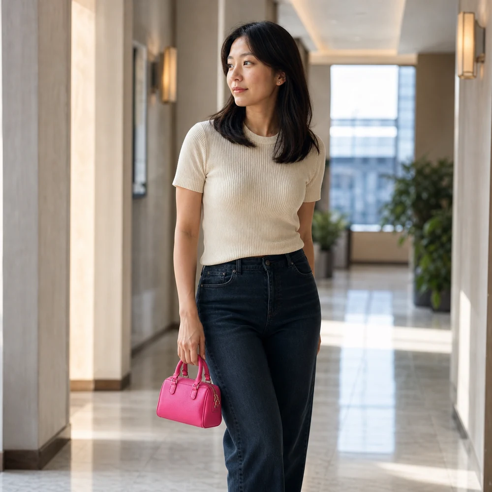 mila-hot-pink-faux-leather-mini-satchel-hotel-portrait-03 Hot pink PU faux leather mini satchel carried in a hotel setting
