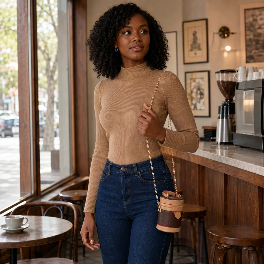 pocketful-of-chick-brown-tan-mini-bucket-crossbody-cafe-02 Brown combo faux leather mini bucket satchel worn in a cafe