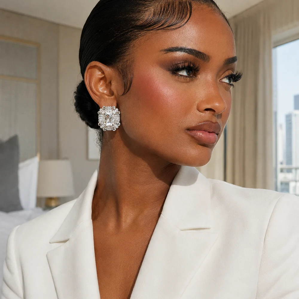 pure-excellence-oversized-silver-rhinestone-stud-earrings-model-02 Silver-tone square halo rhinestone stud earrings worn with a white jacket