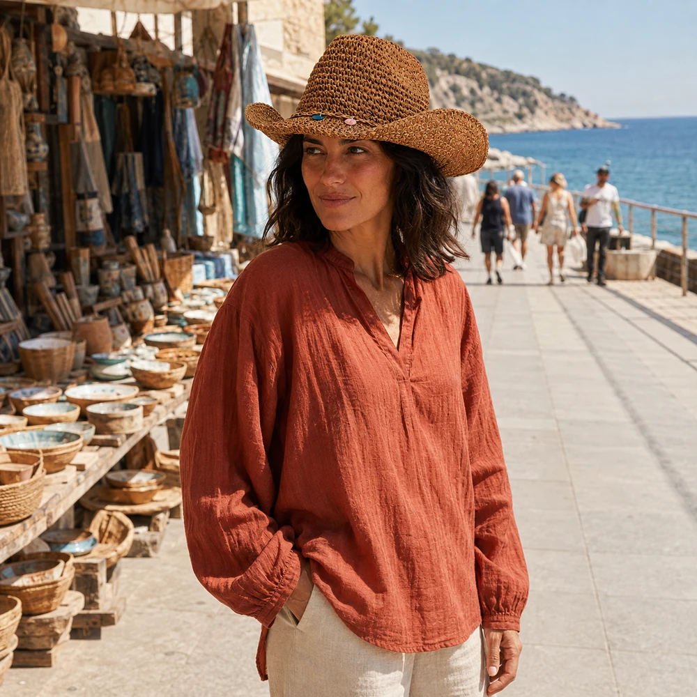 salty-ocean-brown-straw-cowboy-hat-coastal-lifestyle-02 Model wearing a brown straw cowboy hat with small seashell charms around the crown