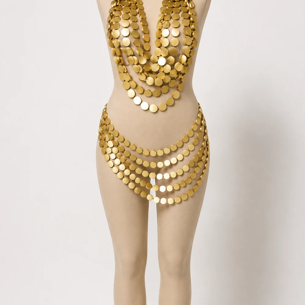 soaking-up-sun-gold-disc-body-chain-full-display-03 Complete gold-tone layered disc body chain displayed on a mannequin