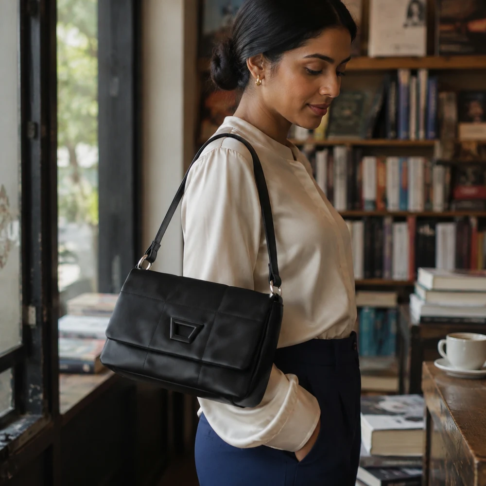 softest-to-touch-black-quilted-shoulder-bag-bookstore-01 Black quilted faux leather foldover shoulder bag worn beside a cream blouse
