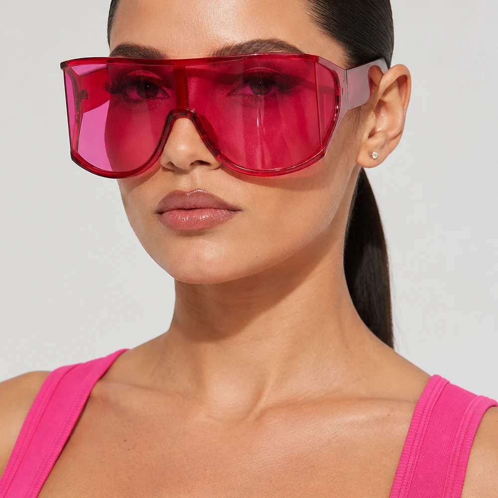 spring-break-cruising-pink-shield-sunglasses-worn-01 Pink shield sunglasses with matching pink lenses worn with a pink top