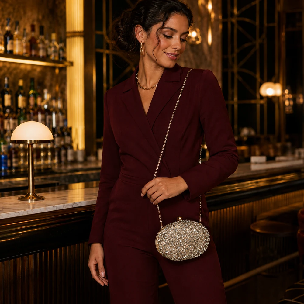 sylvia-stones-gold-rhinestone-clutch-crossbody-04 Gold-tone oval rhinestone evening clutch worn with a burgundy outfit
