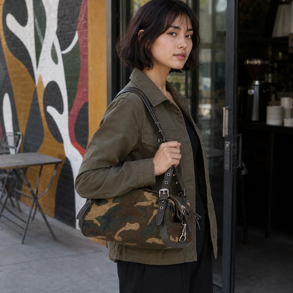 tactical-flirt-camouflage-canvas-shoulder-bag-street-02 Camouflage canvas shoulder bag with black eyelet straps worn beside an olive jacket