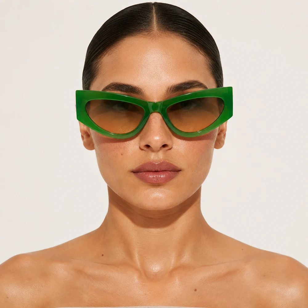 this-year-my-year-green-cat-eye-sunglasses-front-01 Green angular cat-eye sunglasses, complete front model portrait