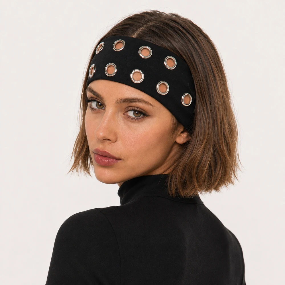 tough-act-to-follow-black-grommet-headband-side-03 Black wide headband with two rows of silver-tone grommet details