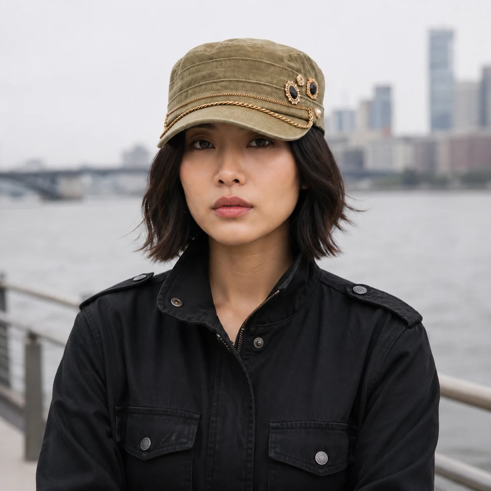 westside-story-olive-embellished-cadet-hat-front-02 Olive cotton-blend cadet hat with chain and jeweled trim, full model view
