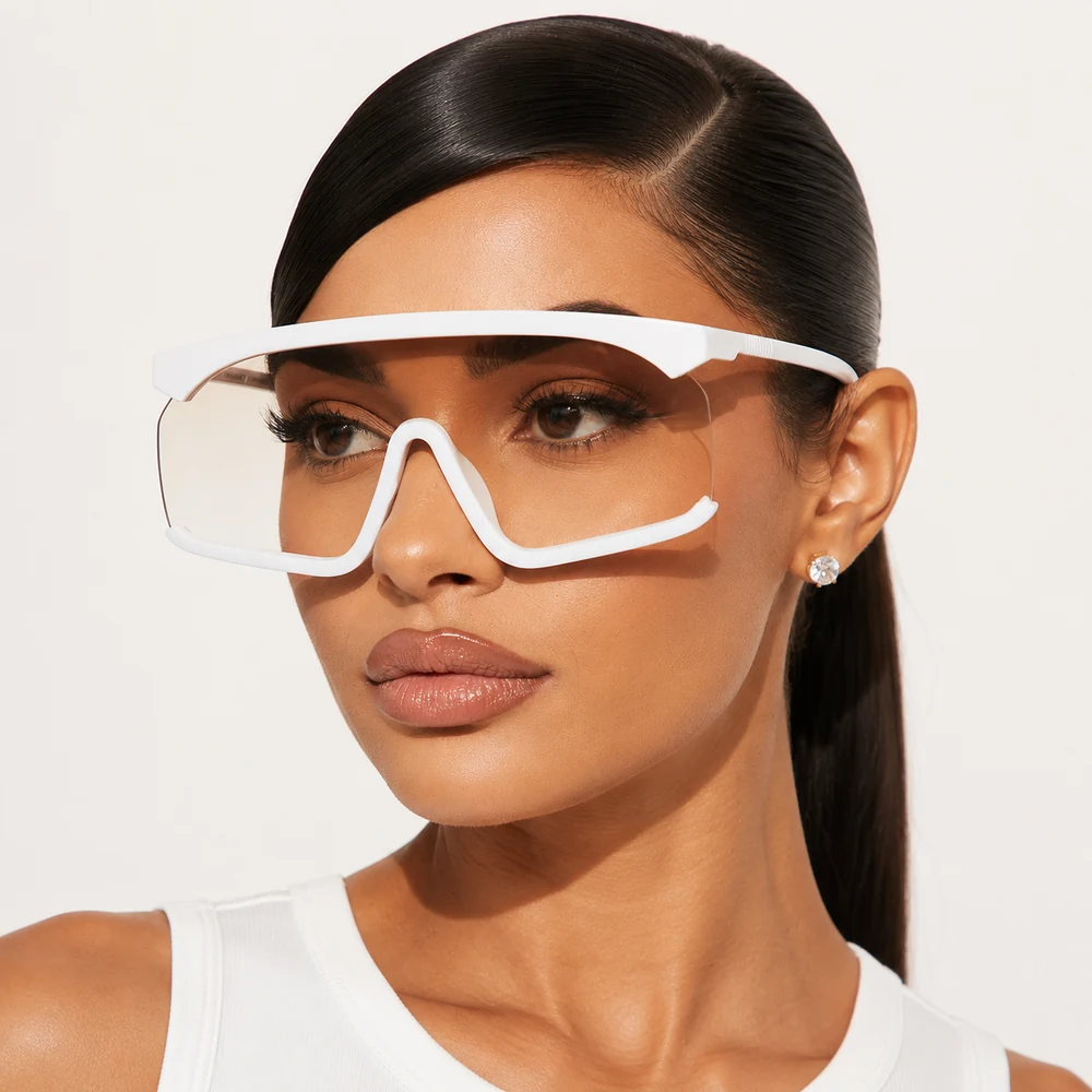 with-the-clique-white-shield-blue-light-glasses-front-01 White oversized clear-lens shield glasses, complete model portrait